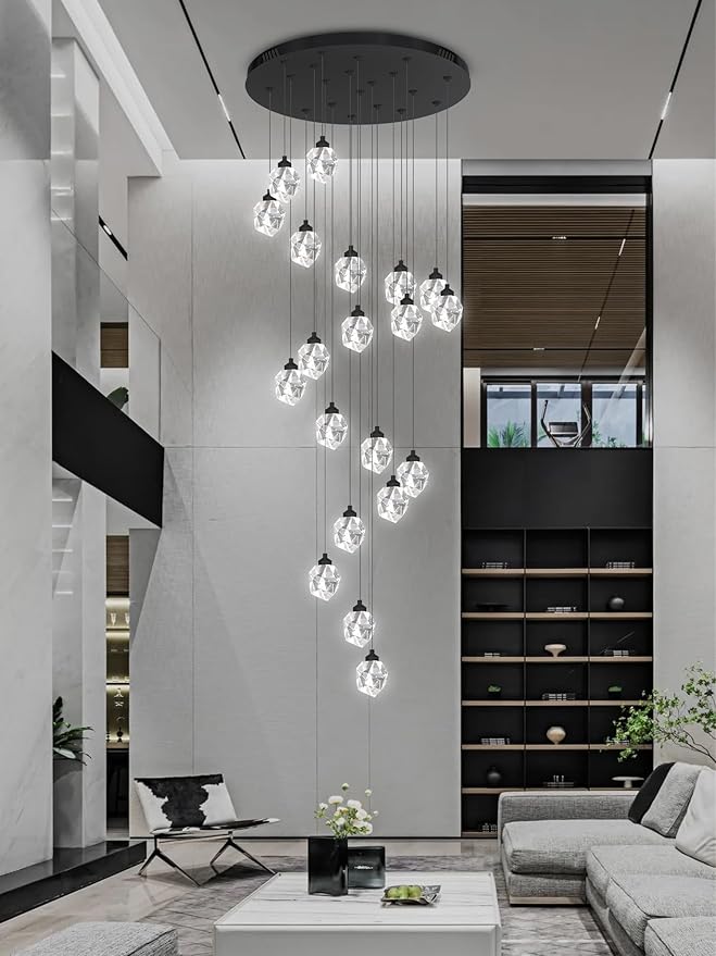 Large High Ceilings Chandeliers Modern Long Crystal Spiral Chandeliers,K9 Crystal Drop Chandelier for Staircase Foyer Entryway 20 Lights Black D28XH135inch