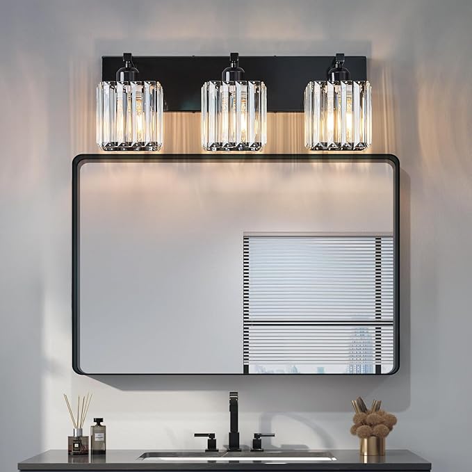 Modern Bathroom Vanity Light 3-Lights Plating Black Crystal Bathroom Wall Light Vanity Light Fixtures