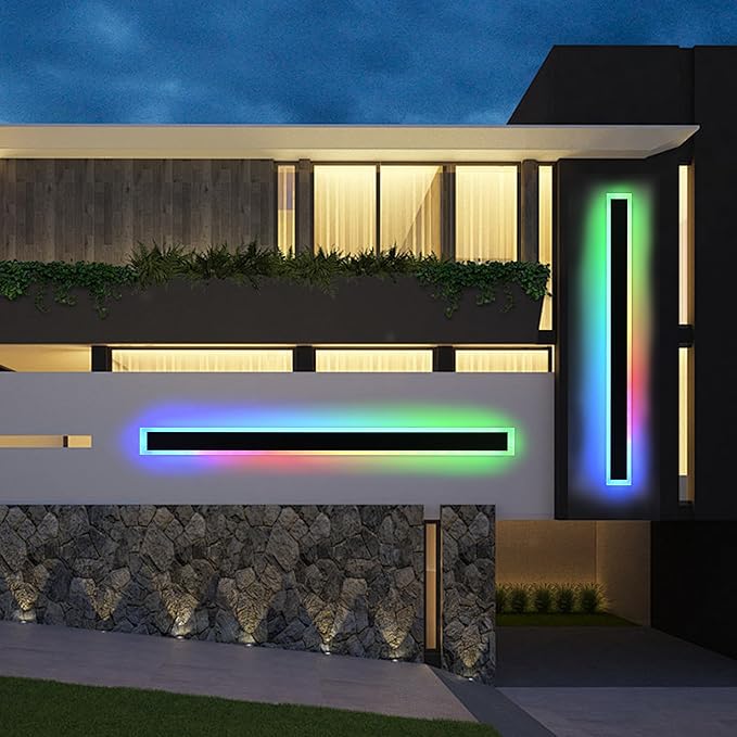 MELUCEE 2pcs 60in Long RGB Outdoor Wall Light Fixture, 5.1in Wide Dimmable Exterior Wall Lights IP65 Waterproof for Garage and Front Door, Long Outside Wall Sconce Black LED Outdoor Entrance Lighting