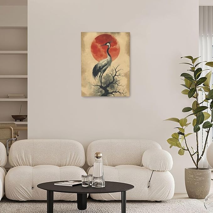 Japanese Crane Wall Art Oriental Asian Wall Decor Sandhill Crane Canvas Pictures Paintings Prints Japan Traditional Aesthetic Artwork Framed Chinese Decorations For Bedroom Living Room Office Gifts 12" x 16"
