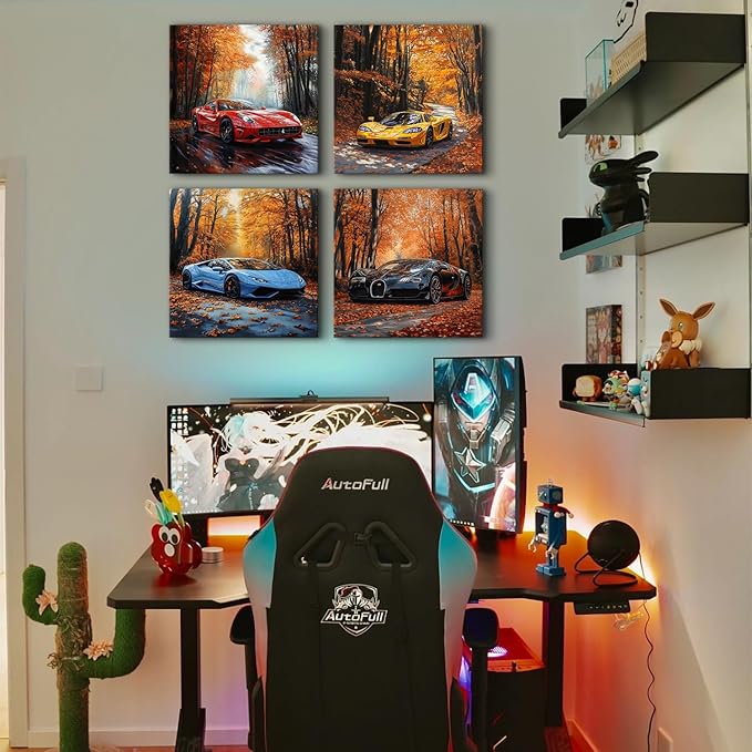 Lamborghini Wall Art Cool Car Posters for Boys Room Decor Rustic Fall Nature Forest Pictures with Sports Vehicle Painting Canvas Print Artwork Living Room Bedroom Office Dorm Home Decoration 12x12" 4P