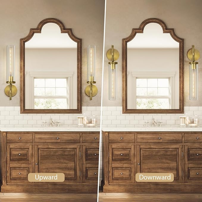 Brass Wall Sconces Set of Two, 19.48" Modern Wall Lighting with Clear Glass Tube, Bathroom Vanity Lights, Bronze Sconces Wall Lights for Bedroom, Living Room, Hallway, Staircase (Including Bulb)
