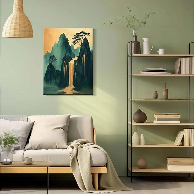 Framed Mountains Waterfall Oriental Landscape Green Gold Picture Wall Art Decor Canvas Print Modern Asian Zen Poster Gallery Bedroom Living Room Office 12x16 Inch Ready to Hang