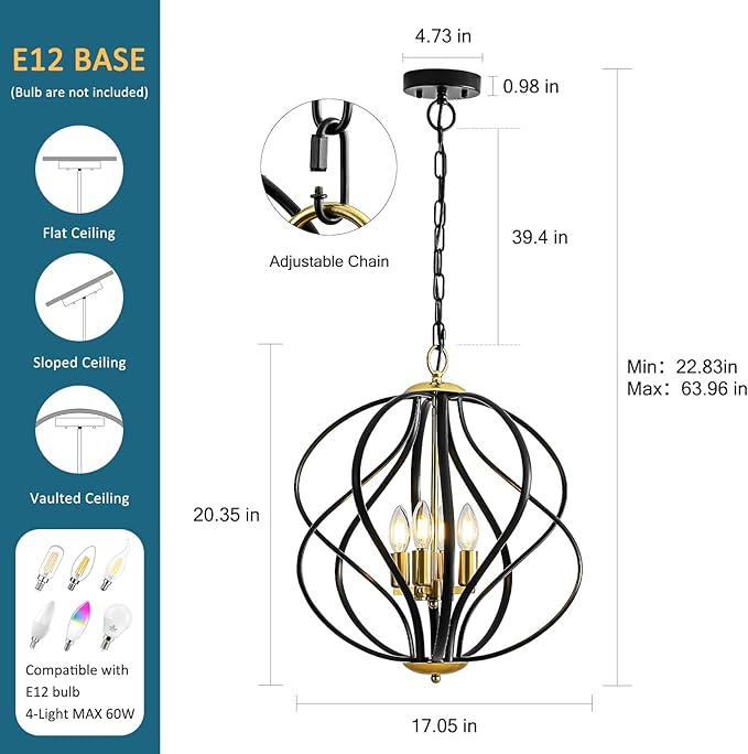 17” Modern Black and Gold Chandelier for Dining Room - 4-Light Industrial Sphere Pendant Light, Hanging Geometric Chandelier for Kitchen, Entryway, Foyer, Stairs