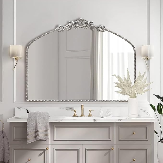 Antique Silver Arch Wall Mirror, 40"x31" Vintage Mantel Mirror with Ornate Metal Frame, Baroque Victorian Mirror for Fireplace/Entryway/Bathroom/Living Room/Hallway