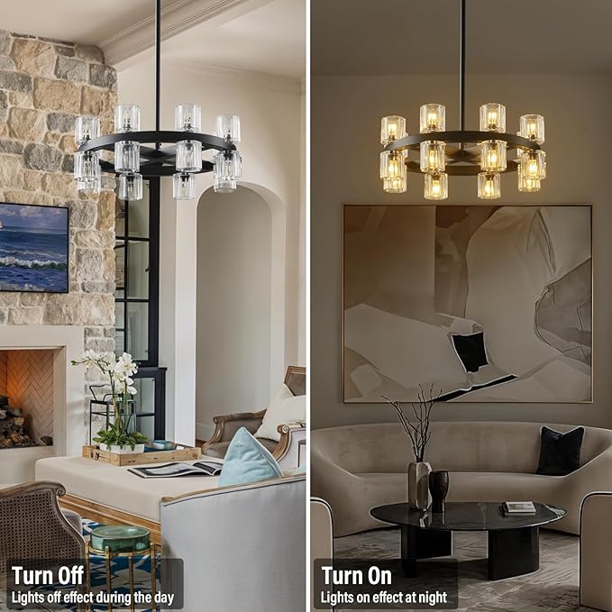 Black Wagon Wheel Chandelier, 18" Modern Farmhouse Chandelier, 16-Light Chandelier for Living Room, K9 Crystal Chandeliers for Dining Room (Bulbs Included)