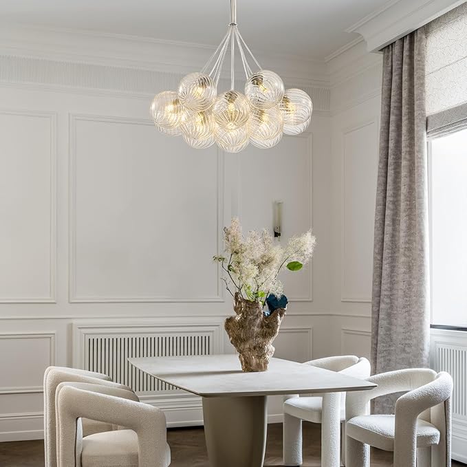 Modern Nickel Glass Bubble Chandelier: 23.6" Large Dining Room Light Fixture - Nordic Swirled Clear Glass Ball Chandelier - Globe Ball Chandeliers for Kitchen Living Room Bedroom Bathroom Entryway