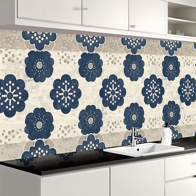 Nuxovilar Navy White Floral Medallion Textured Peel and Stick Wallpaper, 15.75"x39.37", Self-Adhesive Contact Paper, Traditional Tile Pattern for Bedroom, Living Room and Table Decor