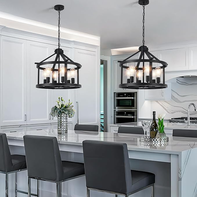 21.5'' Large Black Chandeliers Farmhouse Light Fixtures Vintage Rustic Cage Pendant Light Kitchen Island for Dining Room Foyer Entryway Living Room