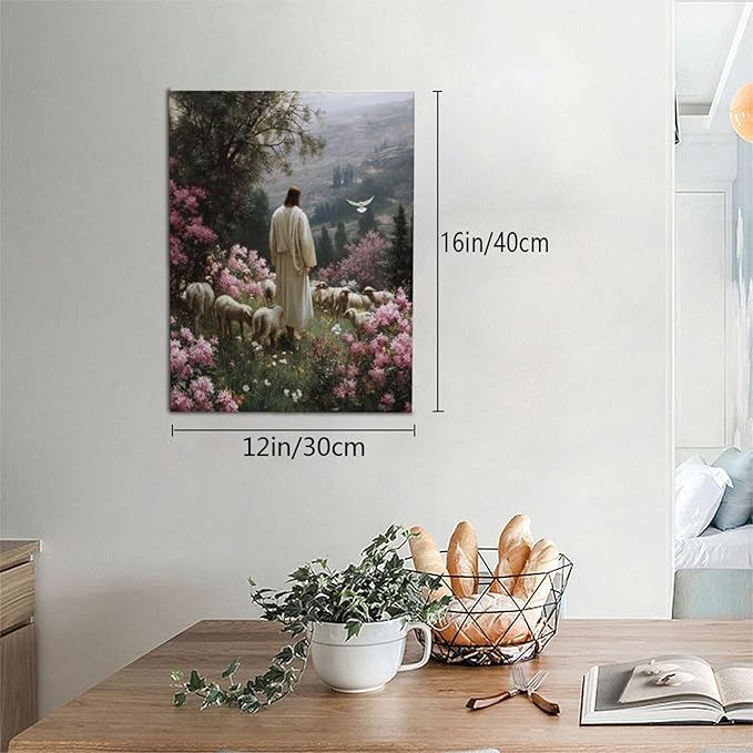 Jesus Wall Art Christian Jesus Lamb Wall Decor Religious God Canvas Painting Pictures Print Christ Decorations for Living Room Bedroom Church Framed Gifts 12”X16”