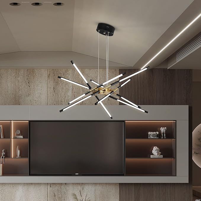 Modern Chandelier,Black and Gold Chandelier 12 Light LED Dimmable Pendant Lights,Easy to Install Ceiling Light 54W Linear Hanging for Dining Room, Kitchen,Bedroom 3000k-6000k with Remote Control