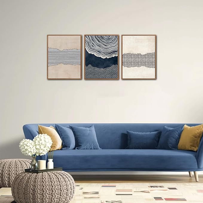 LHIUEM Coastal Chic Decor Blue Abstract Shapes Framed Canvas Wall Art Set of 3(12”X16”)Modern Tree Rings Wall Decoration Fireplace Grey Blue Decor Navy Blue Beige Brown Canvas Wall Art for Home Office