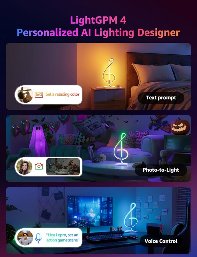 Lepro TB2 AI Smart Table Lamp, RGB+IC Addressable LED Lamps Alexa Google Home Enable, APP Control DIY Color Changing Modern Spiral Lamp, Music Sync, AI Generated Lighting LLM, 2.4 GHz WiFi/Bluetooth