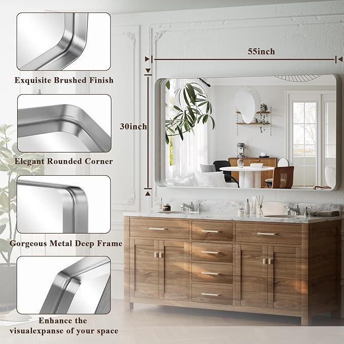 55"x 30" Silver Bathroom Mirror - Aluminum Framed Wall Mirror, Bathroom Wall Mounted Vanity Mirror, Bedroom, Living Room Wall Mirror, Hang Horizontally or Vertically