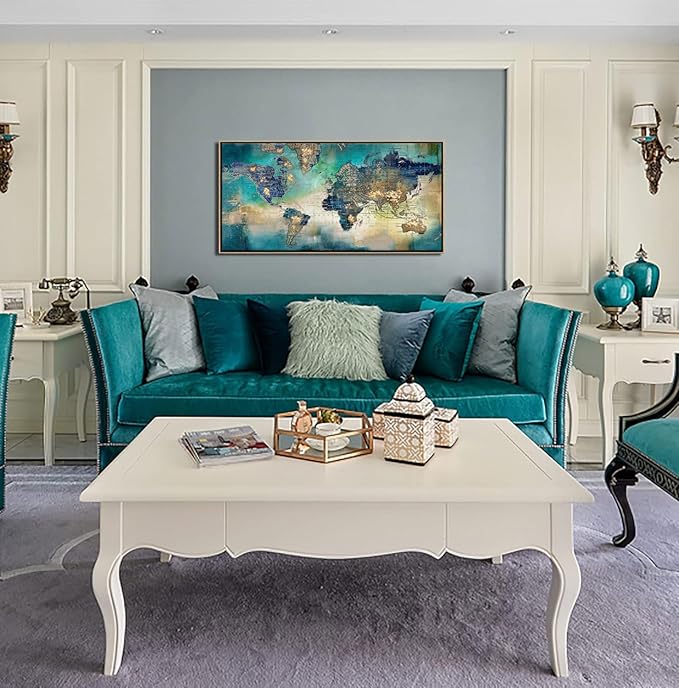 Large World Map Canvas Prints Framed Wall Art for Living Room Office 24x48 Green World Map Picture Artwork Decor for Home Decoration(With Soild Wood Dark Framed)