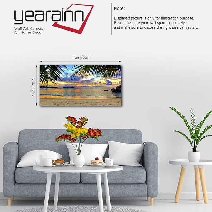 Canvas Wall Art Tropic Beach Sunset Palm Tree Leaves Large Nature Canvas Pictures Coast Landscape Canvas Artwork Seascape Ocean Contemporary Wall Art for Living Room Home Office Wall Decor 20" x 40"