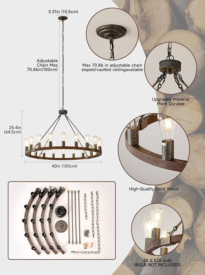 Large Wagon Wheel Chandelier, 40 Inch Farmhouse Chandeliers Rustic Wood, 20-Light Round Vintage Wooden Chandelier for Dining Room, Living Room, Entryway, Kitchen