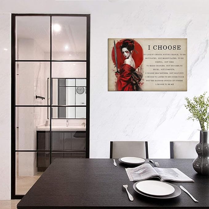 Motivational Japanese Geisha Canvas Wall Art Prints Red Moon Wall Decor Samurai Painting Inspirational Quotes I Choose Poster Framed for Hotel Living Room Bedroom Framed (24''W x 36''H)