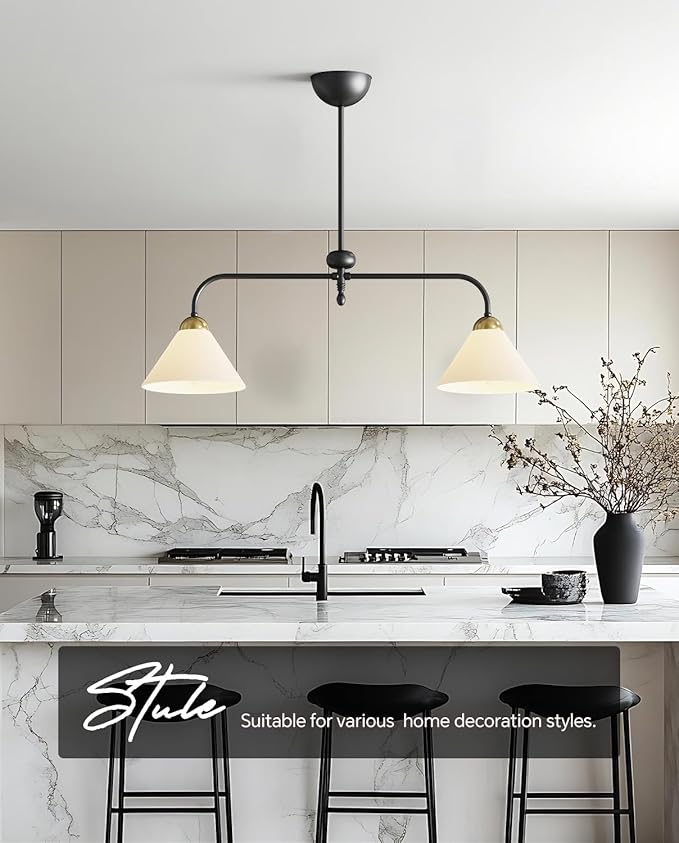 Linear Chandelier, Modern Chandelier for Dining Room Light Fixture, Dining Light Fixtures with Milk Glass Shade Pendant Lights Kitchen Island for Restaurant, Living Room (Black, 2-Lights)