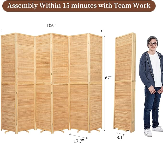 Bamboo Room Divider 6 Panel Wall Divider, 106'' W x 67'' H Folding Design with Extra Stable Base, 100% Bamboo Room Divider Screen for Room Separation, Chinese Room Partitions and Dividers Freestanding