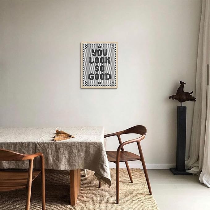 KISSFOX Western You Look So Good OAK Wood Framed Wall Art Farmhouse Geometric Typography Canvas Art Prints Rustic Hexagon Pictures Wall Decor Southwestern Artwork For Bistro Bathroom Bedroom Kitchen
