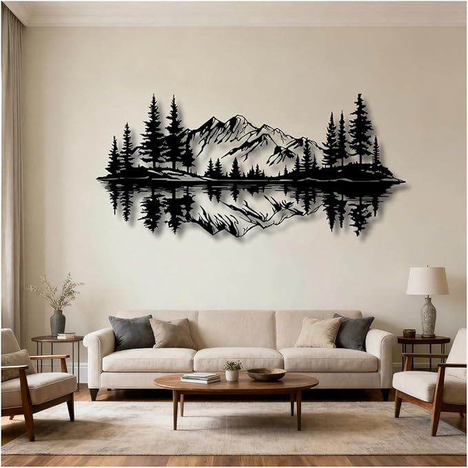 Mountain View Metal Wall Art,Nature Landscape Home Decor with Reflection,Black Iron Sculpture for Bedroom Garden Living Room Outdoor Office(Black,35 x17 in/90x42 cm)