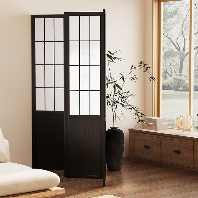 5.6FT Room Divider and Folding Portable Partition Screen, Chinese Japanese Shoji Style for Room Separation - 4 Panel (Black)