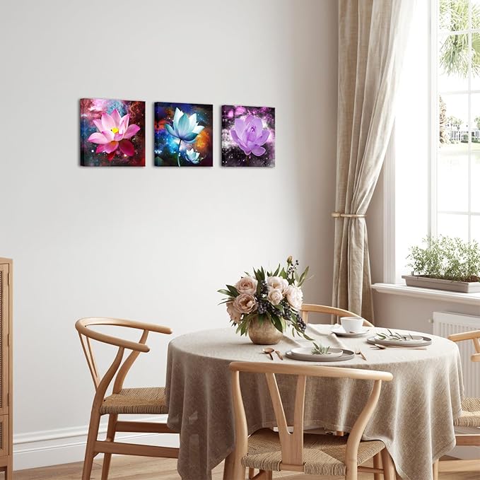 Biuteawal 3 Panels Flowers Wall Art Blooming Lotus Water Lily Picture Elegant Pink Blue Purple Floral Painting Canvas Print Framed Modern Home Bedroom Living Room Decor Ready to Hang