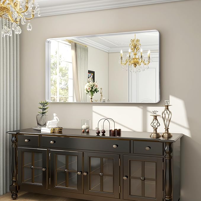 48 x 30 Inch Silver Bathroom Mirror, Rectangular Wall Mounted Shatterproof Mirror, Aluminum Alloy Frame with Rounded Corners, Horizontal or Vertical for Farmhouse Decor