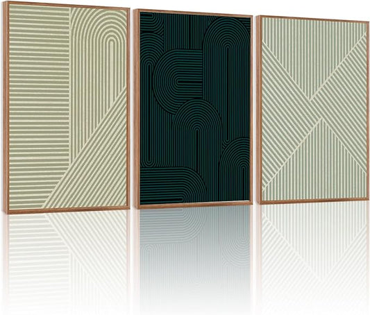 LHIUEM Large Neutral Minimalist Line Framed Canvas Wall Art Set of 3(12”X16”)Black Textured Wall Decor Abstract Rectangular Wall Art Boho Painting Mid Century Modern Accent Wall for Living Room Office