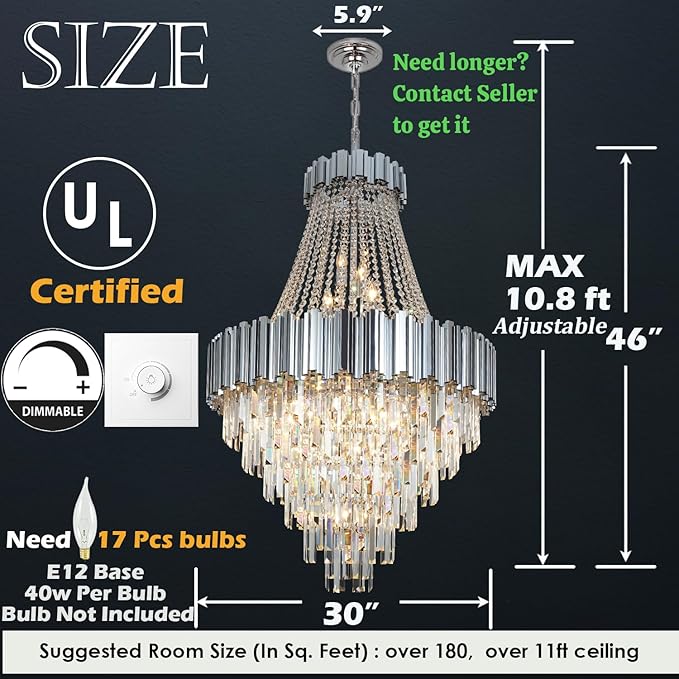 Large Crystal Chandelier for High Ceilings Foyer Entryway Hanging Chandelier Lighting Chrome 30'' Tall