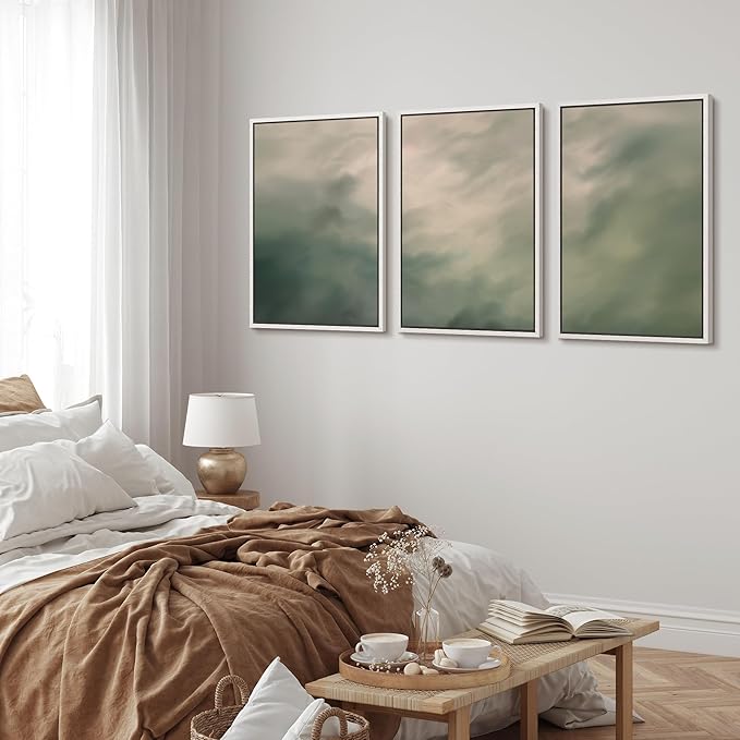 MUDECOR Framed Wall Art Print Set Soft Green Cloudscape Tranquil Abstract Nature Illustrations Modern Art Boho Decorative Colorful Chic for Living Room, Bedroom, Office - 16"x24"x3 White