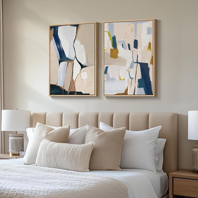 Large Framed Neutral Abstract Wall Art, 2 Piece Beige and Navy Blue Modern Minimalist Canvas Prints Paintings Artwork for Walls, Colorful Pictures for Living Room Dining Bedroom Wall Decor 20x30 In