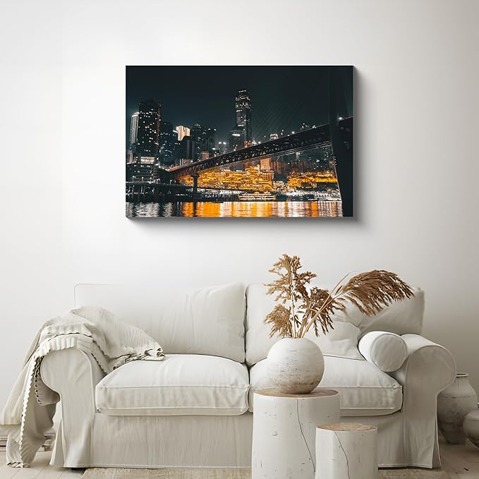 NAN Wind 1PCS Chongqing City Nightscape Canvas Wall Art Illuminated Chinese Skyline with Bridge Skyscrapers Modern Urban Landscape Photography Print for Living Room Office Bedroom Decor