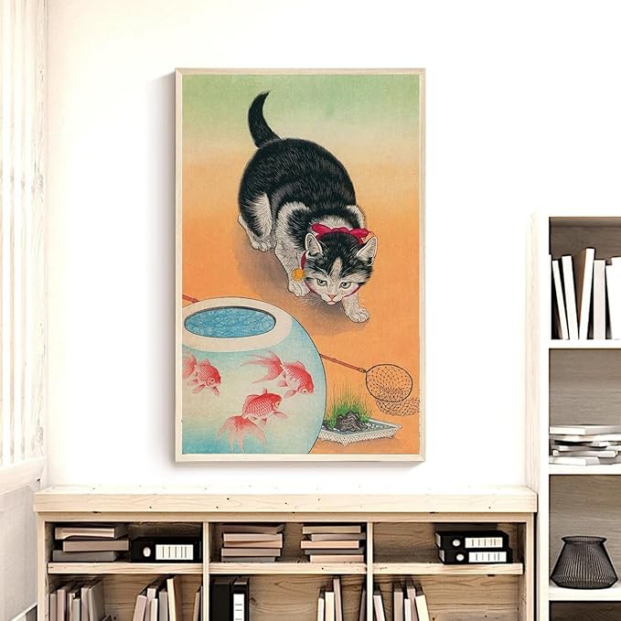 OZCONO Japanese Cat and Goldfish Art Print, Gallery Quality Giclée, UV-Resistant Inks, Vintage Asian Wall Decor (36L x 24W)
