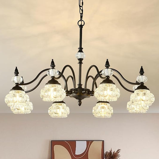 30-Inch Vintage Black Crystal Chandelier for Dining Room, 8-Light Antique Victorian Chandelier Modern Farmhouse Hanging Light Fixtures for Kitchen Island Living Room Bedroom