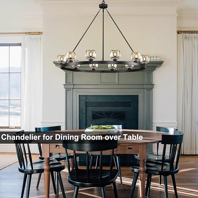 Black Wagon Wheel Chandelier, 48 Inch Black Chandeliers with Unique Glass Shade, 12-Light Crystal Large Wagon Wheel Chandeliers for Dining Room, High Ceiling Round Chandelier for Living Room, Foyer