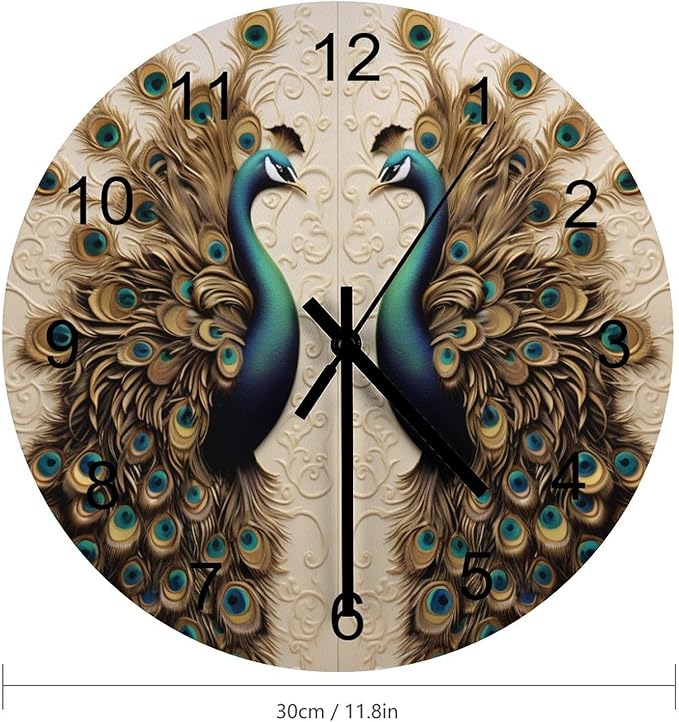 Black and Gold Peacock Bird-Themed Circular Wall Clock, Semi-Dark-Toned Peacock Room Personalized Decoration On The Grey High-End Background Wall, Wooden Silent Wall Clock 12x12INCH