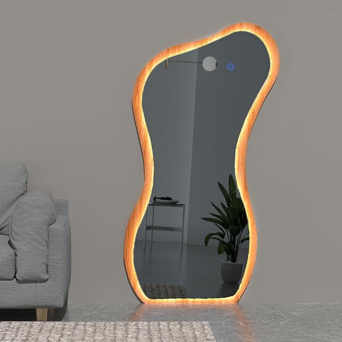 48" x 24" Irregular Led Wood Full Length Mirror with Lights Wavy Floor Mirror,Shatter-Proof Hanging/Leaning Irregular Asymmetrical Wall Mirror Wooden Framed Mirrors for Living Room Bedroom Entryway