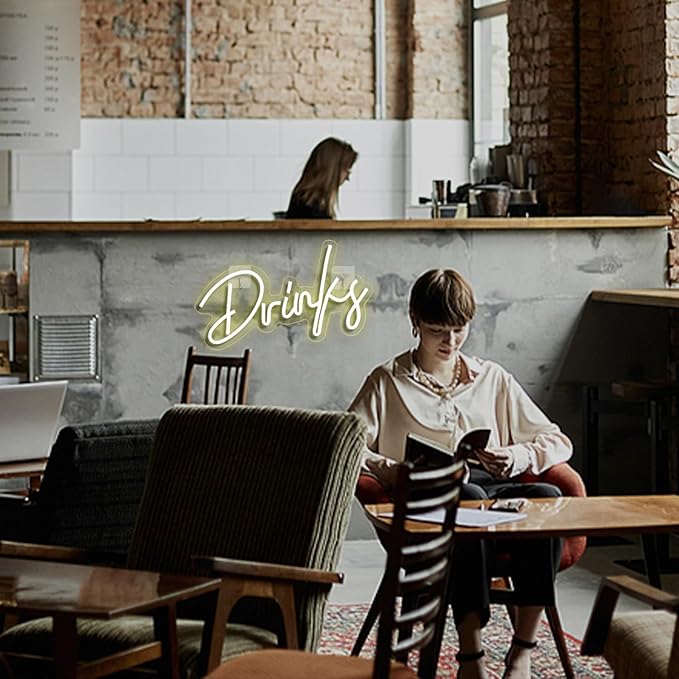 Looklight Drinks Neon Sign,Letters Bar Neon Light,Led Neon Signs for Wall Decor,Warm White Neon Light Sign,USB Light Up Sign for Kitchen Restaurant Bar Cart Accessories Christmas