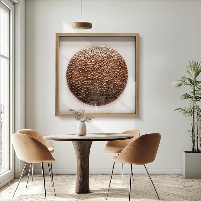 BrightA Natural Wood Paper Cylinder Wall Art Brown Gradient Color Circular Design with Earthy Tones Framed Artwork Modern Minimalist Home Decor for Living Room 59"x59"