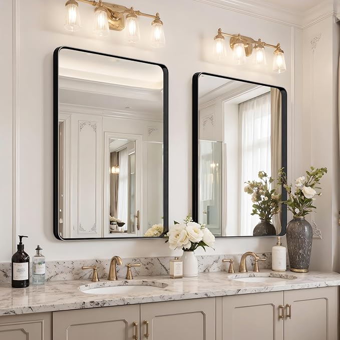 Kosmonia 32x24 Bathroom Vanity Mirror for Wall, Aluminum Framed, Farmhouse Rectangle, Anti-Rust, HD Reflection Anti-Desilvering, Distortion Free, Tempered and Shatter-Proof Wall Mounted Mirror, Black