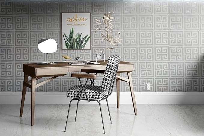 17.7"x236.0"Greek Key Peel and Stick Wallpaper Modern Classic Geometric Trellis Self Adhesive Wallpaper Silver/White Textured Vinyl Contact Paper Washable