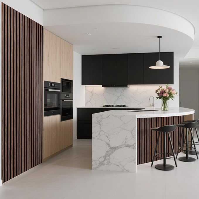 Art3d Acoustic Wood Slat Wall Panel with Roll-Flat Design - 95.3 x 23.8 Inch Sound Absorbing Panels for Living Room Columns Corridor Curved Wall Decor, 2-Pack Walnut