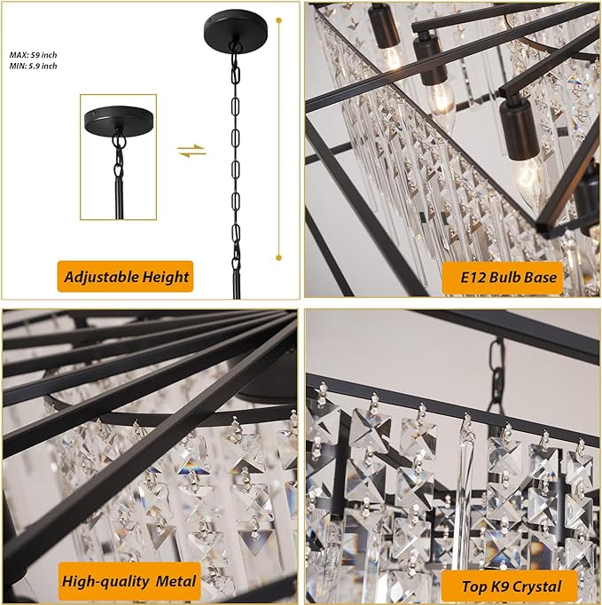 27.5 inch Modern Crystal Chandelier for Dining Room,Black Square Farmhouse Industrial Pendant 8 Lights for Kitchen Island Bar Living Room Hallway Entryway