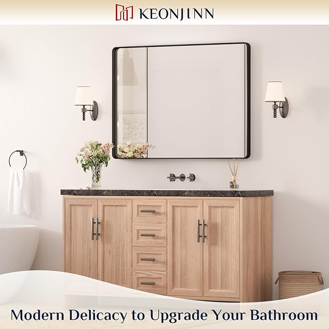 Keonjinn Black Framed Mirror for Bathroom 40 x 30 Inch Rounded Rectangle Wall Mirror, Matte Black Vanity Mirror for Over Sink, Tempered Glass Farmhouse Mirrors Seamless Metal Frame