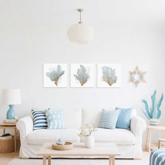 JAPO ART Delicate Coral Wall Decor for Bedroom Coastal Wall Art Home Decor Framed Sea Fan Pictures Nautical Prints Artwork for Bathroom Bedroom 16x16 x3pcs