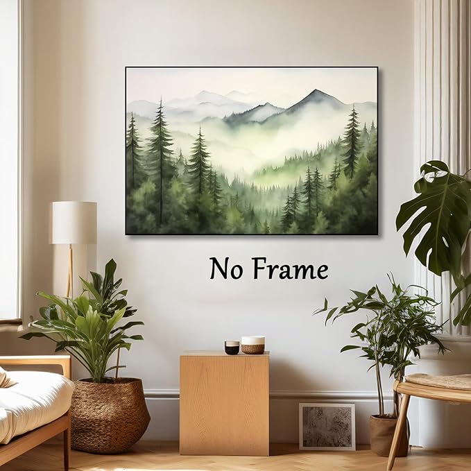 Large Forest Mountain Landscape Wall Art Canvas Print Green Forest Pictures Watercolor Pine Tree Painting Green Mountain National Forest Poster Watercolor Landscape Artwork Decor 16x24inch No Frame