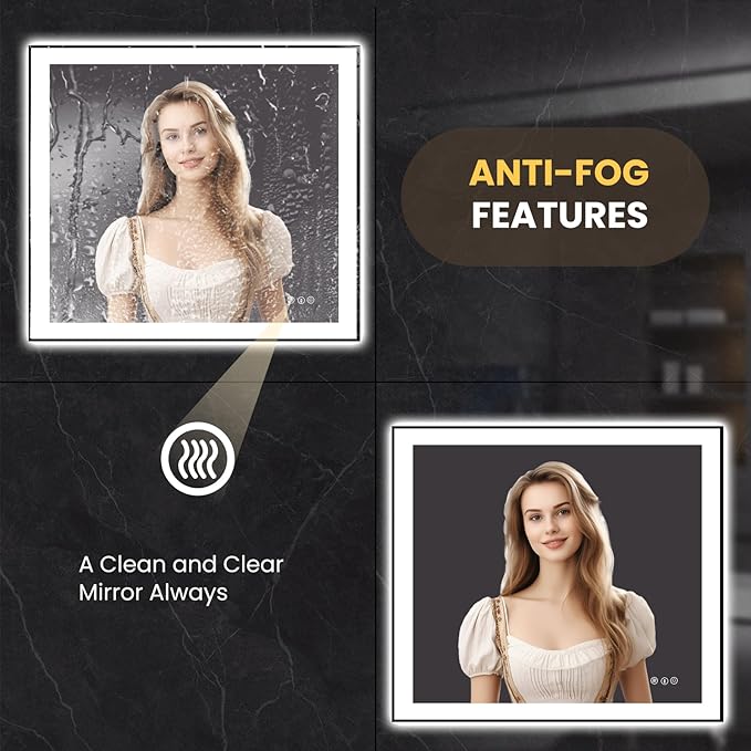 LOAAO 40"X38" LED Bathroom Mirror Black Framed, Anti-Fog, Dimmable, Lighted Bathroom Vanity Mirror for Wall, Memory Function, Tempered Glass