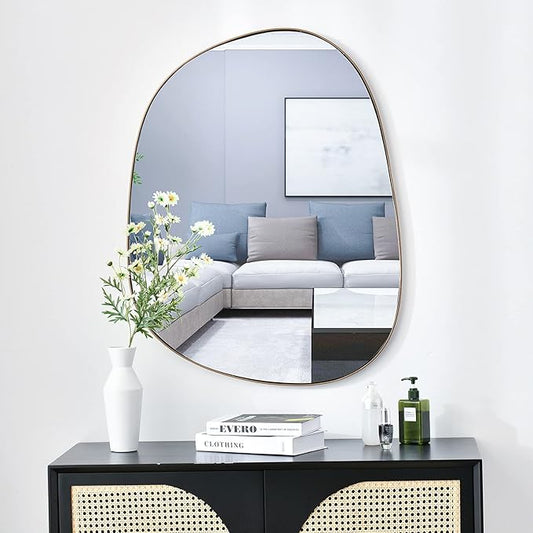 Asymmetrical Mirror for Wall Decor 27"*35", Modern Brass Framed Wall Mirror for Living Room Bathroom Bedroom Entryway ELE-STOU-0063G
